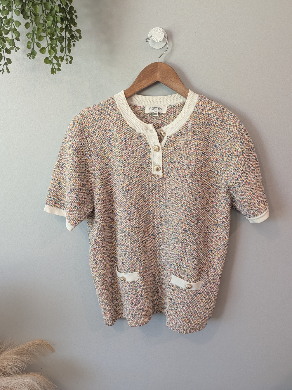 Christina Paris Multicolor Tweed Knit Short-Sleeve Shirt Sz Xl/Xxl